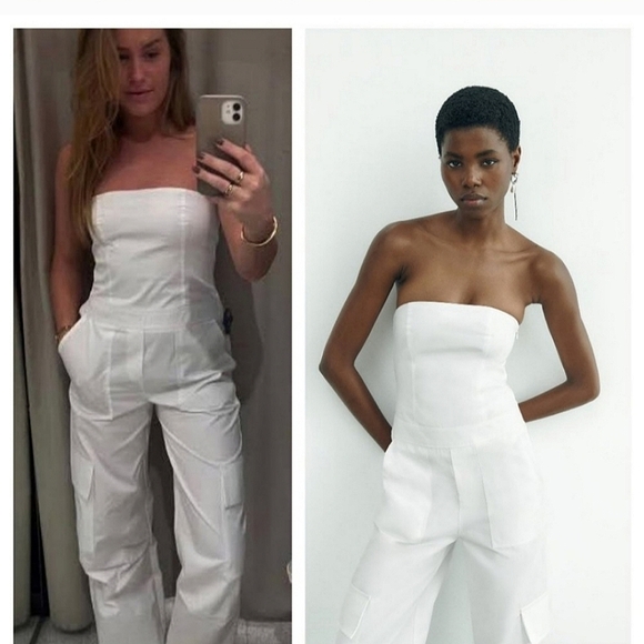 NWT Zara Strapless Utility Cargo Jumpsuit Wide White Long - Picture 7 of 16